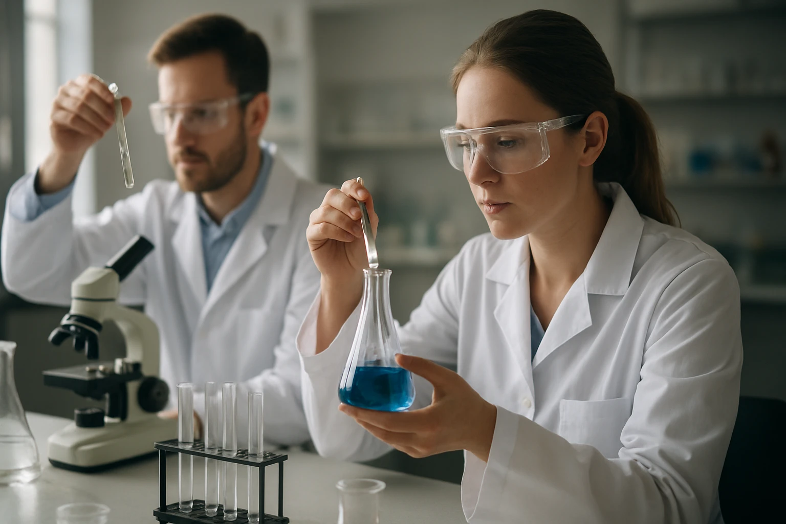 Ferromangán: Előállítási Módszerek, Típusok és Ipari Alkalmazások Két tudós laboratóriumban kémiai kísérletet végez, mikroszkóppal és kémcsövekkel.