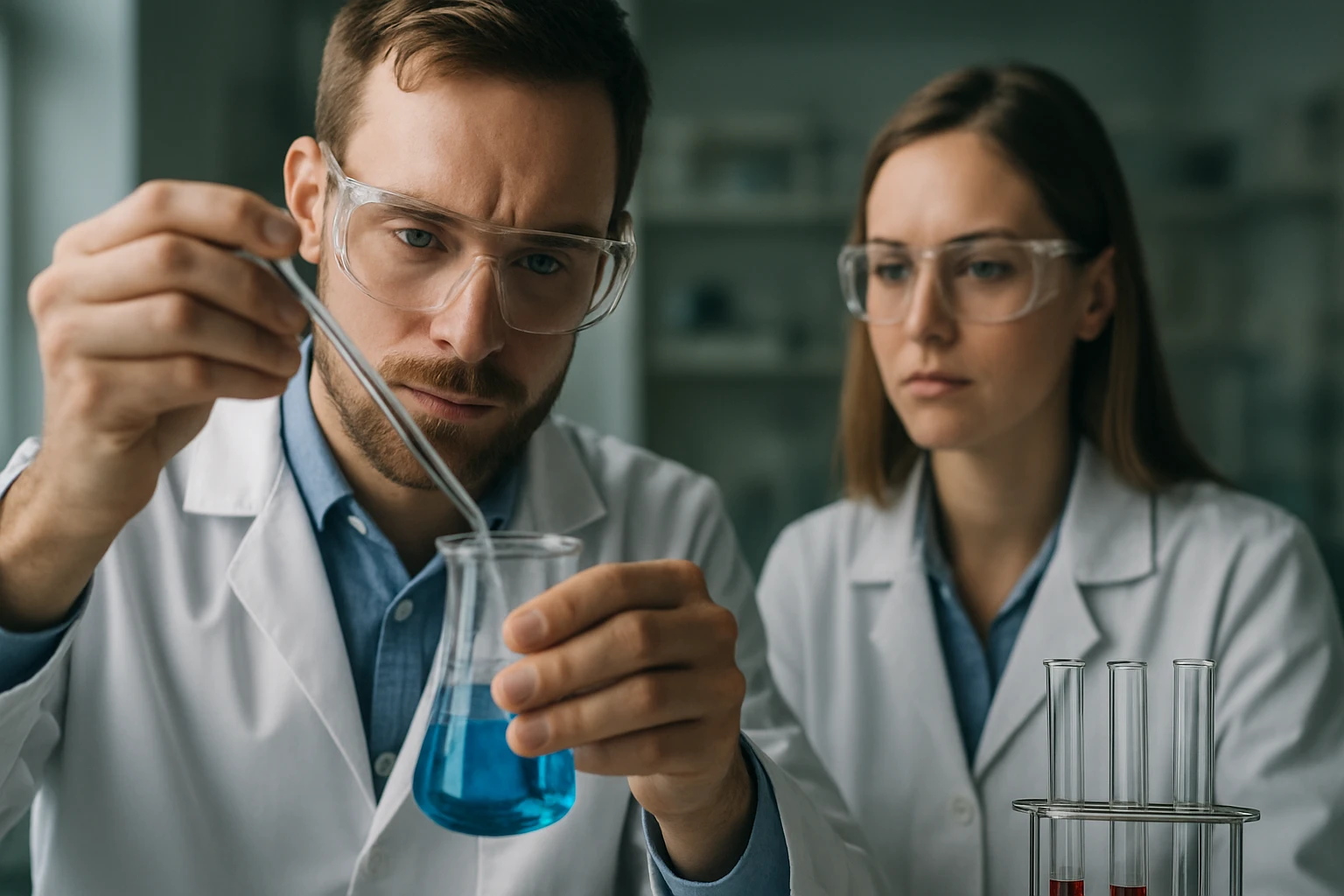 Két tudós kémiai reakciót végző laboratóriumban