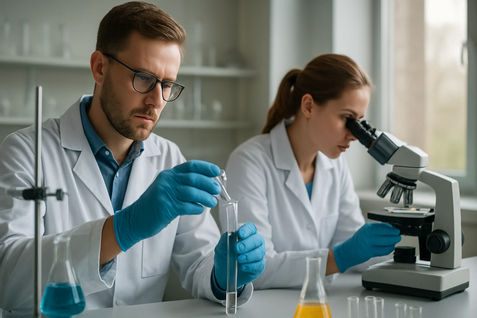 Kémikusok finom vegyszerekkel kísérleteznek laboratóriumban.