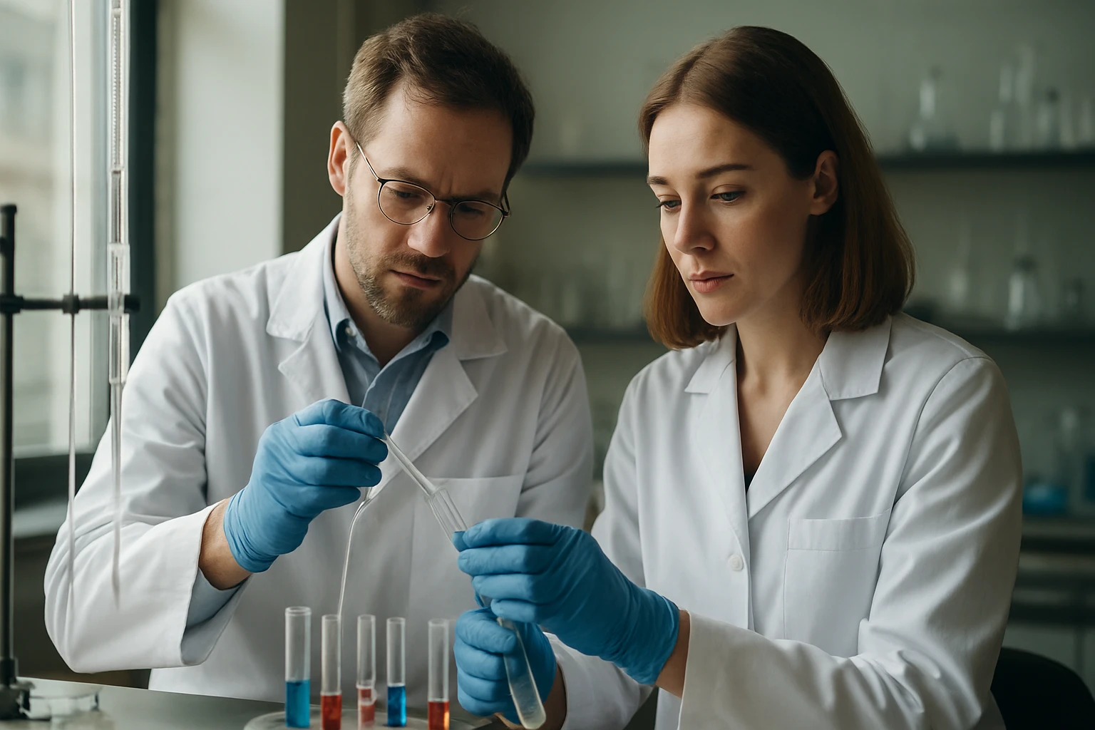 Két kutató laborban kémiai kísérletet végez