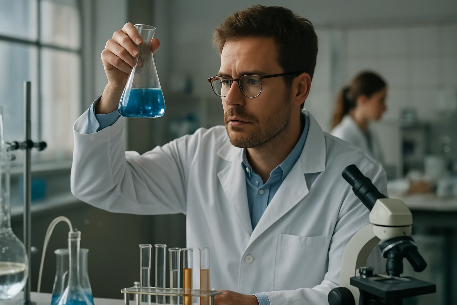 Kémikus kék folyadékkal teli alkalmi üveget vizsgál a laborban.