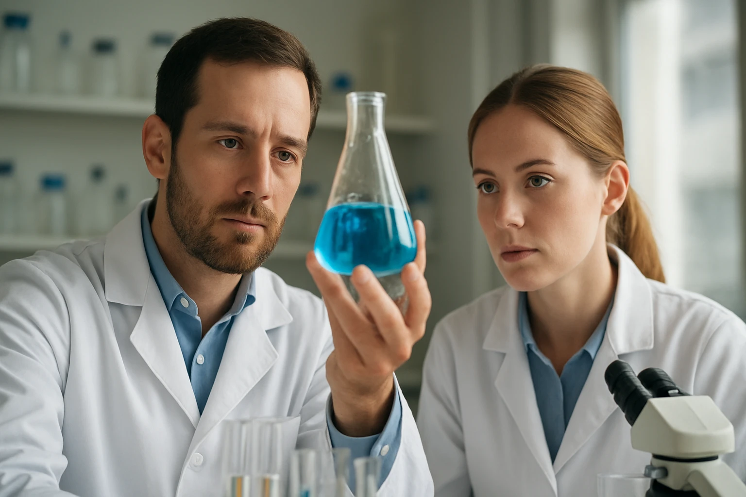 Két tudós kémiai kísérletet végez egy laborban, flokkulációval foglalkozva.