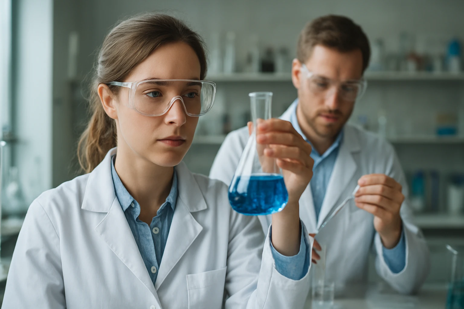 Két laboratóriumi dolgozó flotálást vizsgál a laboratóriumban.
