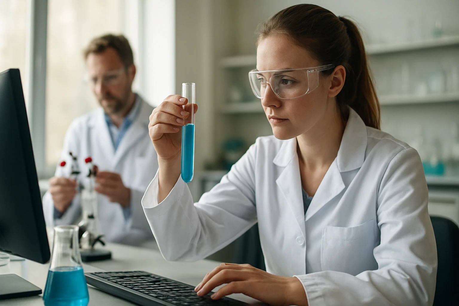 Kémiai kísérlet laboratóriumban, flotálási eljárás tanulmányozása.