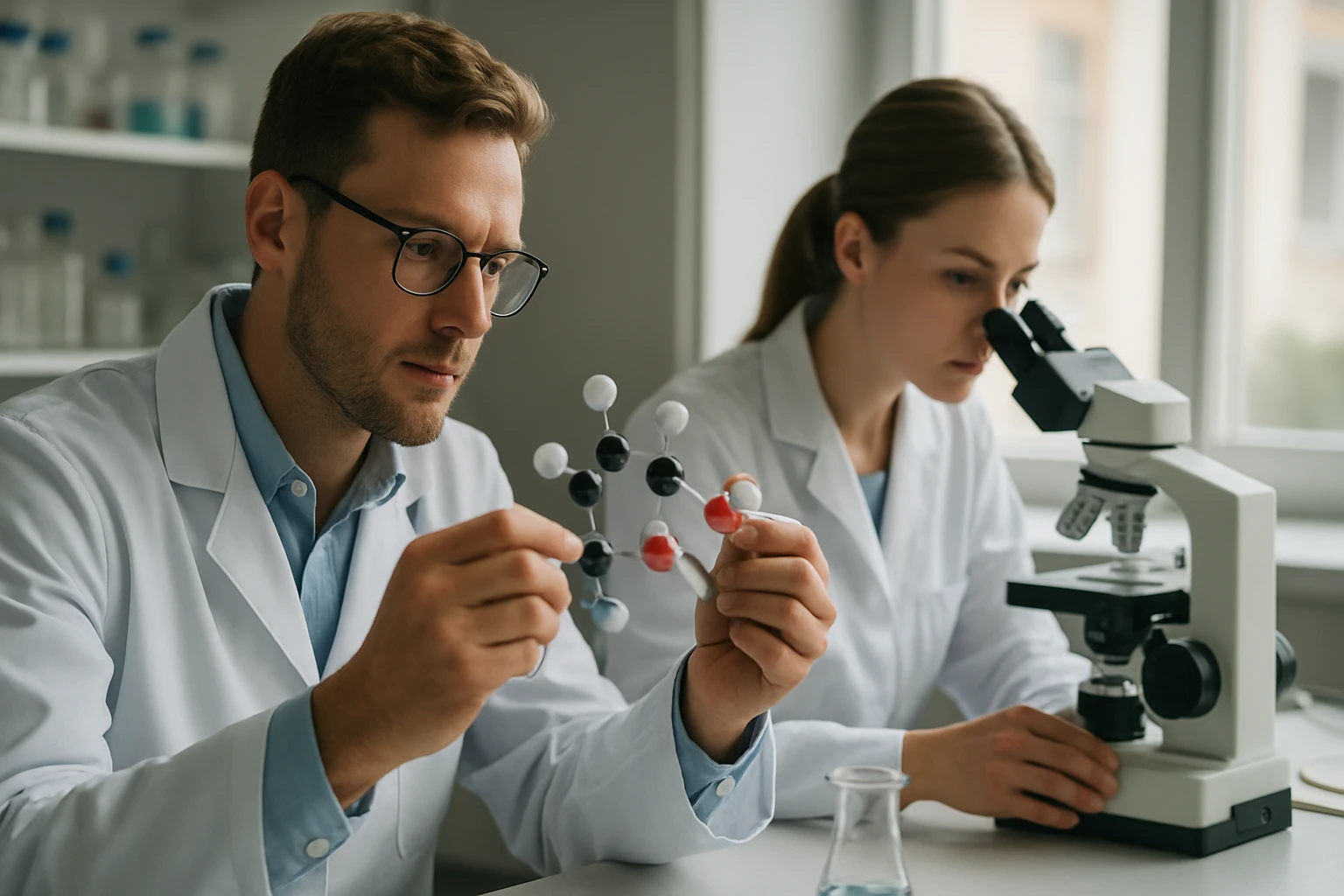 Két tudós laboratóriumban fluor vegyületeket vizsgál.