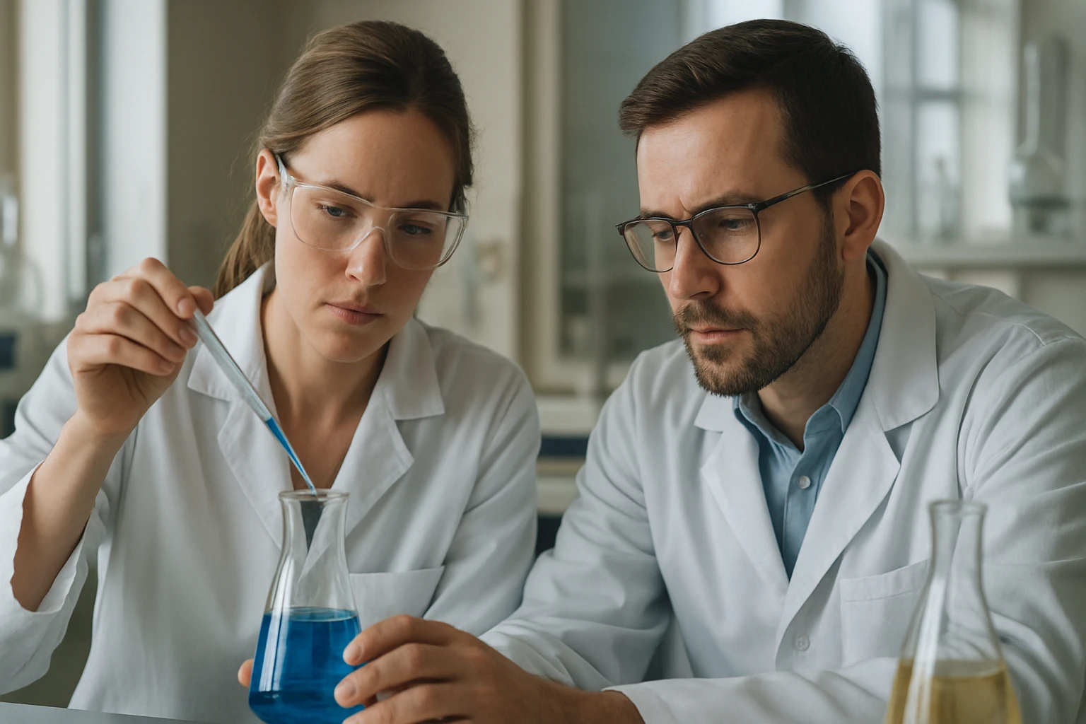 A fluoreszcencia jelensége: magyarázat és gyakorlati alkalmazások Két kutató kémiai kísérletet végez egy laboratóriumban.