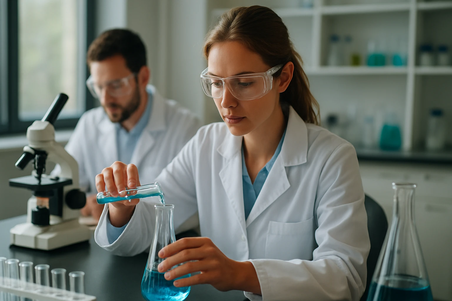 Kémiai laboratóriumi kísérlet folyadékkal