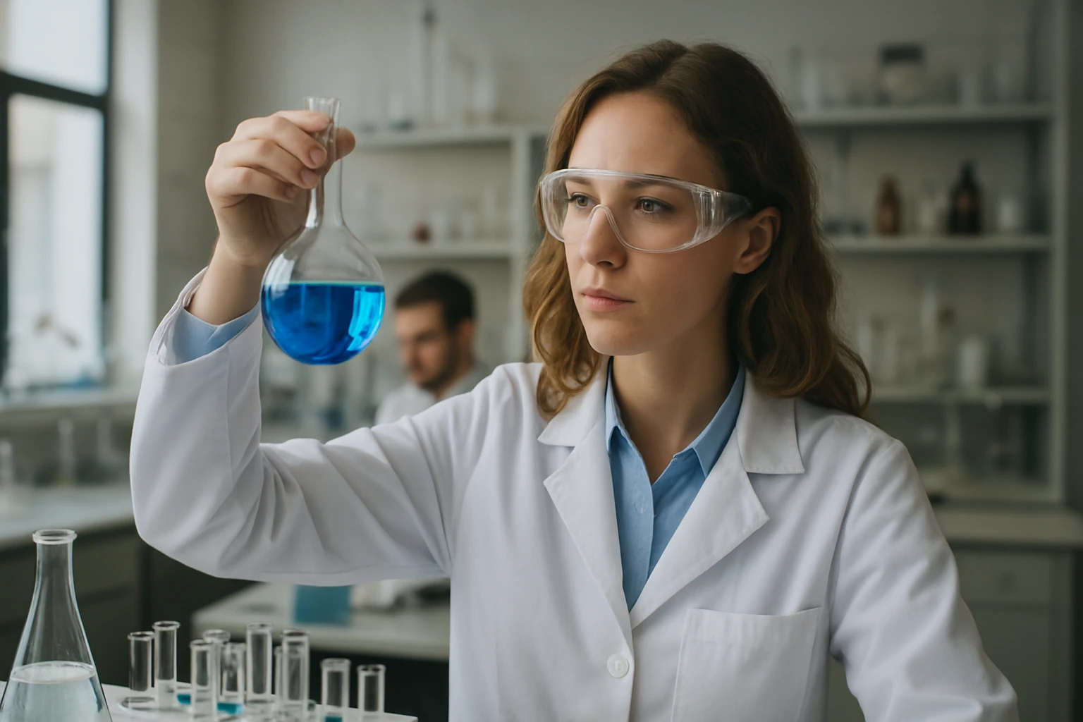 Kémikus kék folyadékot vizsgál a laboratóriumban.