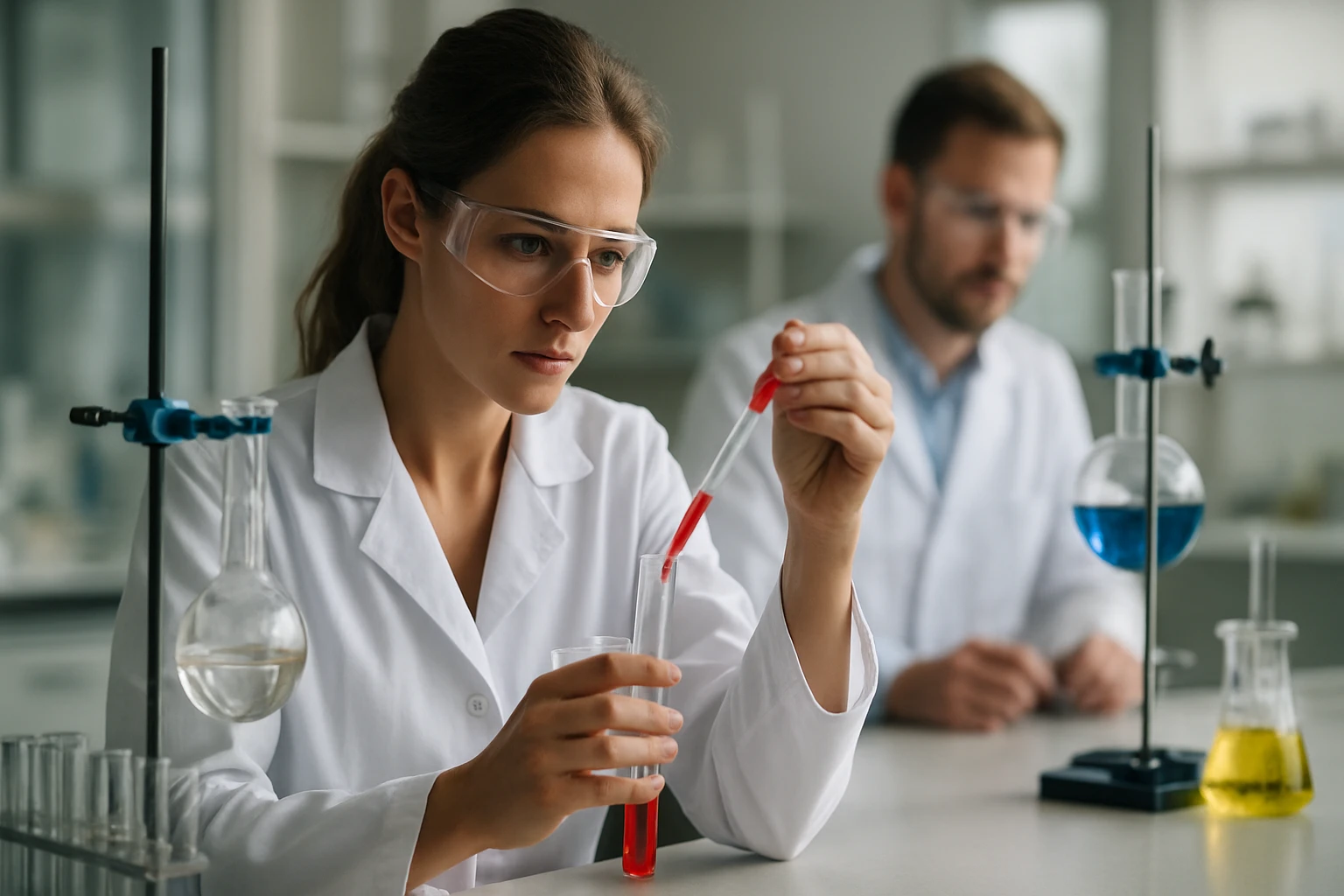 Kémiai kísérlet folyadékkromatográfiával foglalkozó laboratóriumban.