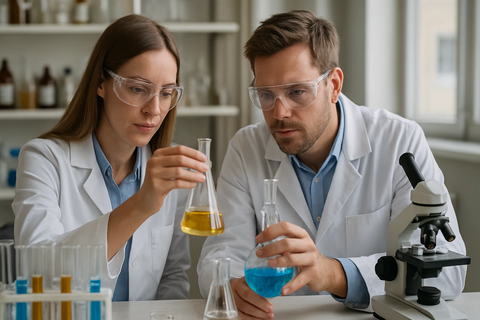 Folyékony tüzelőanyagok: típusok, jellemzők és alkalmazásuk Két tudós kémiai kísérleteket végez folyékony tüzelőanyagokkal egy laboratóriumban.