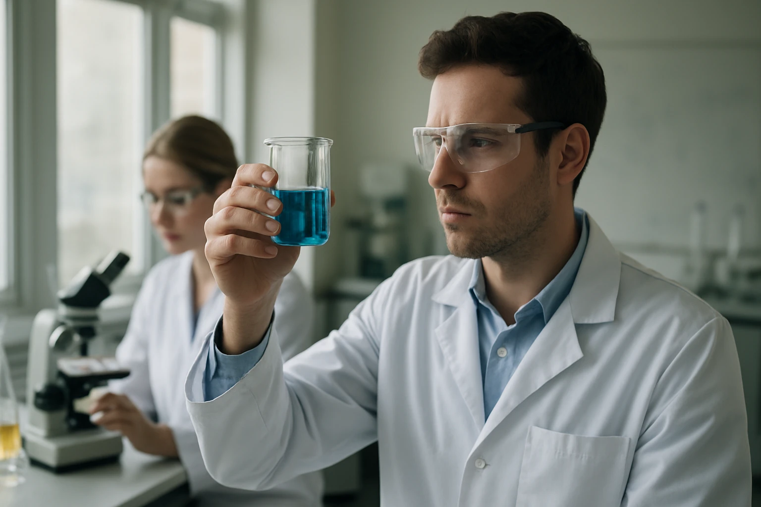 A laboratóriumban kémiai kísérletet végző kutatók