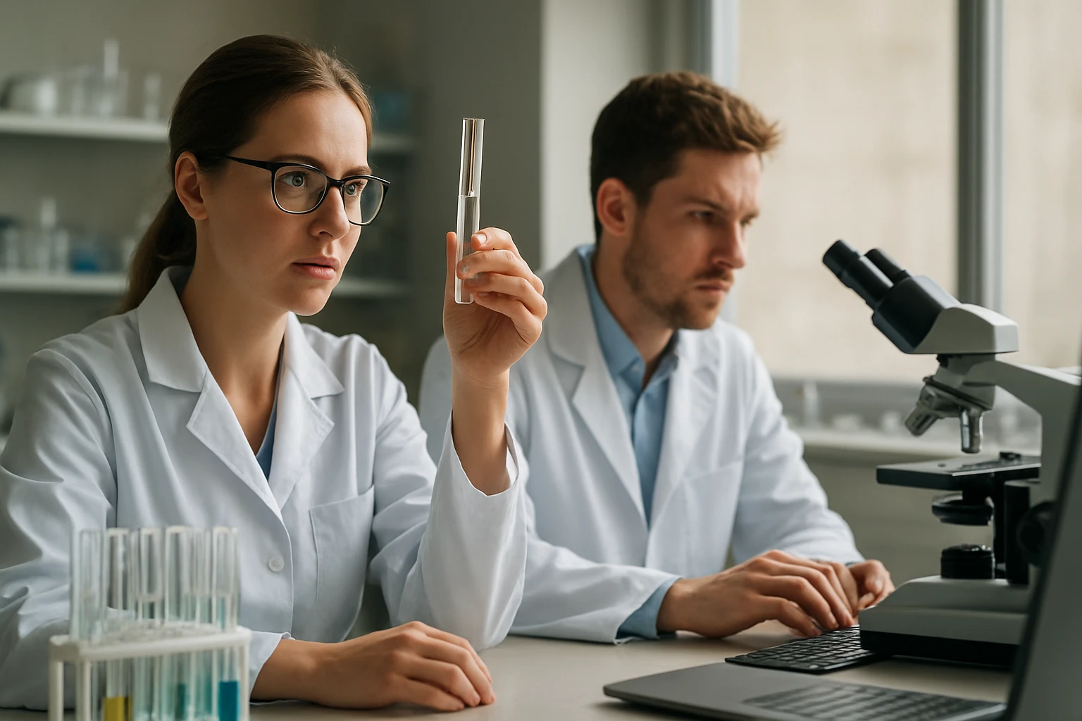 Két kutató labor környezetben, mikroszkóp és kémcsövek mellett.