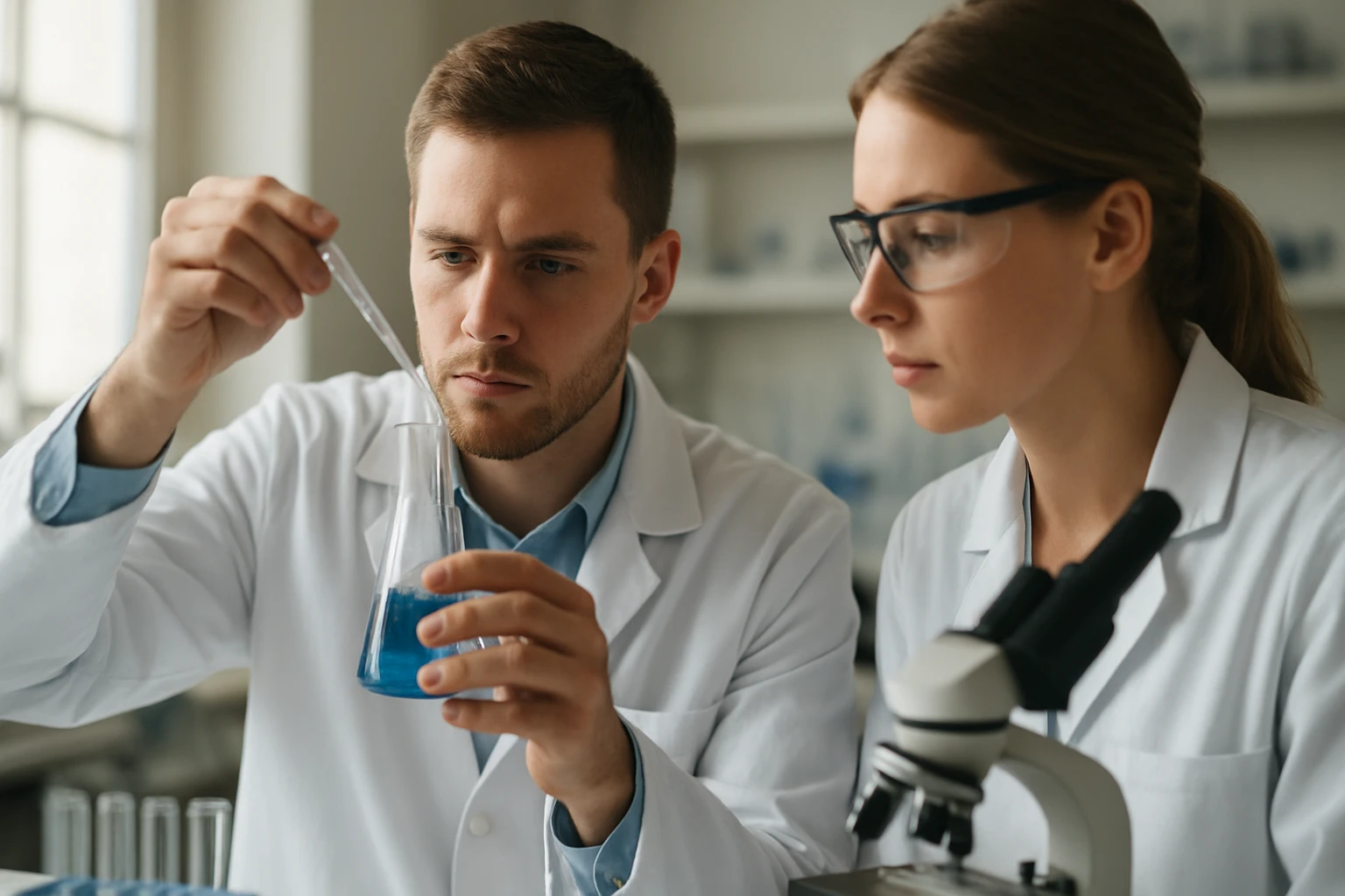 Két kémikus fürkészi a forrasztóanyagok olvadáspontját laboratóriumban.