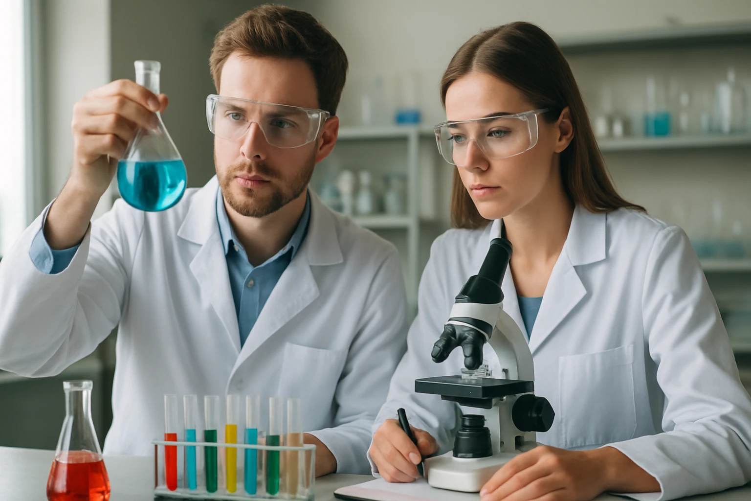 Kémikusok foszfátokkal dolgoznak, vízlágyítási kísérleteken.