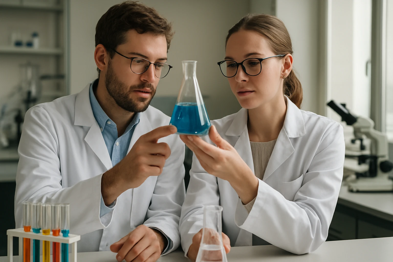 A foszfátok kémiai szerkezete, előfordulása és biológiai jelentősége Két kutató vizsgál egy kék folyadékot laboratóriumban.