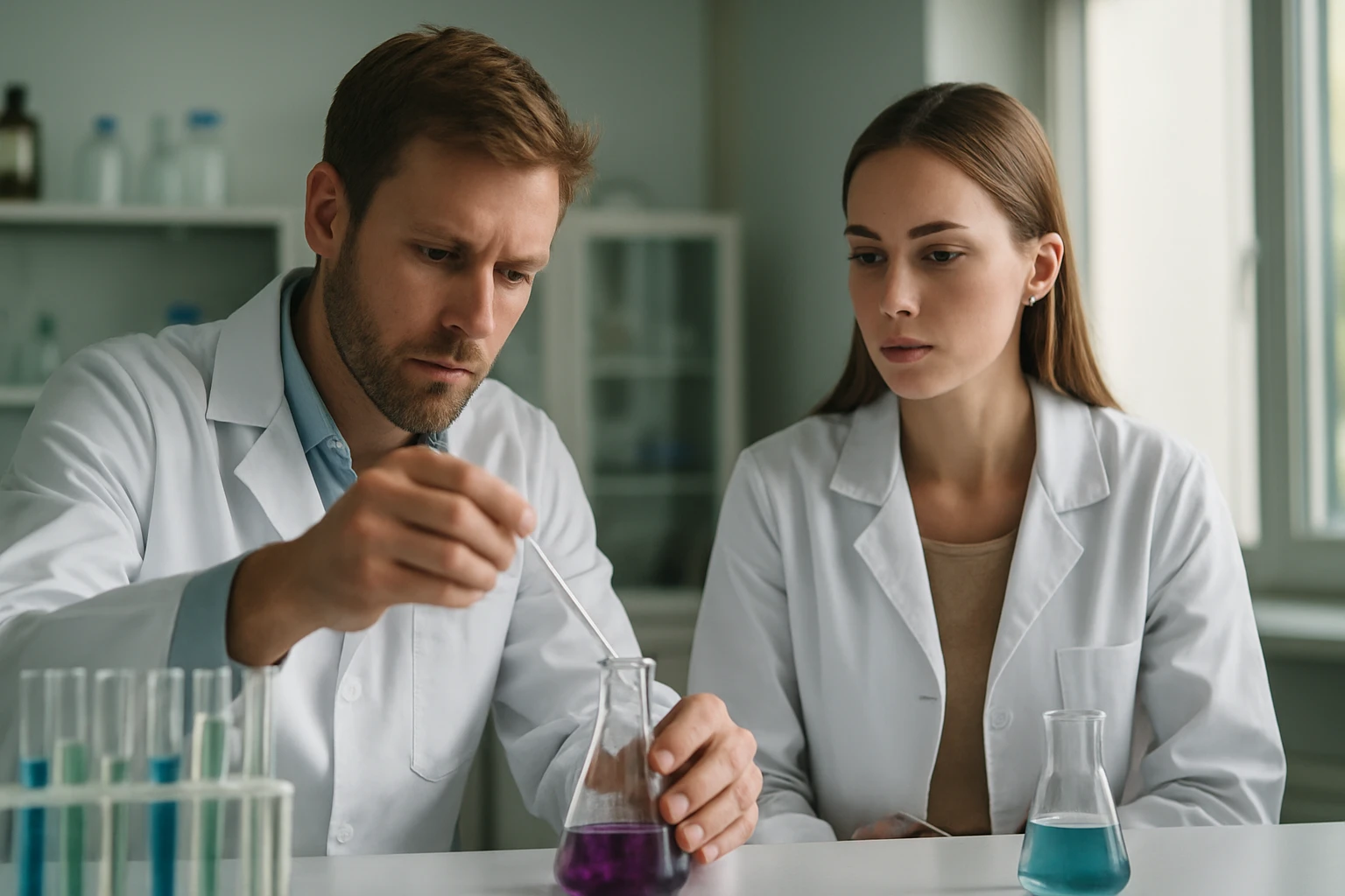 Két tudós laboratóriumban foszfidokkal végzett kísérleten dolgozik