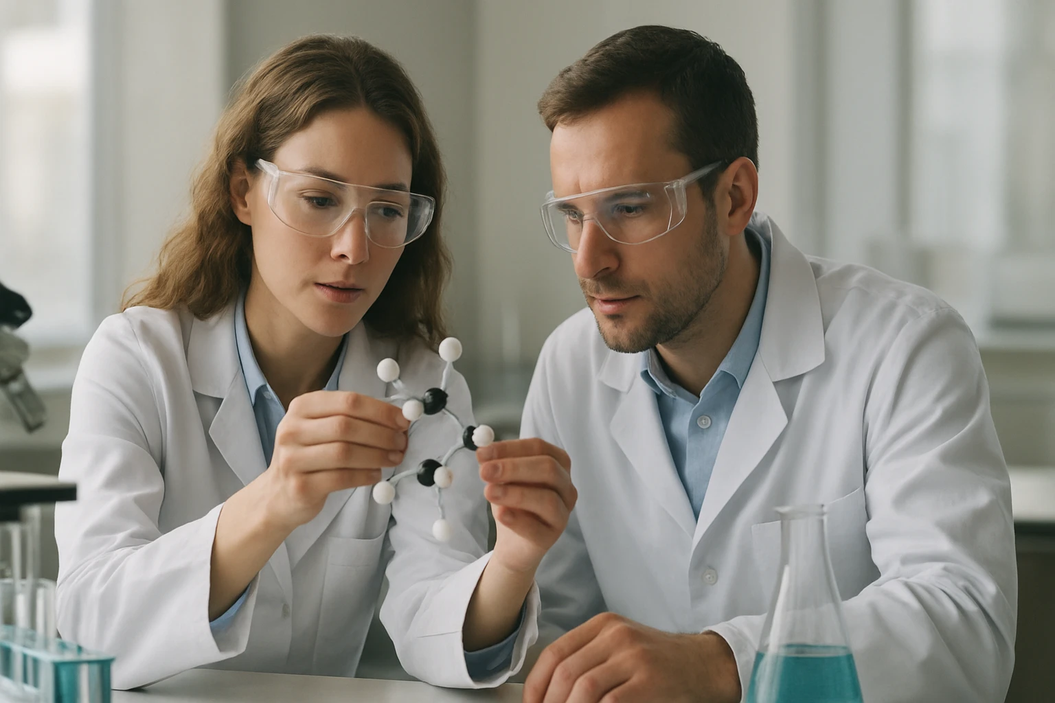 Két kutató foszfor-hidrogén molekulát elemez laboratóriumban