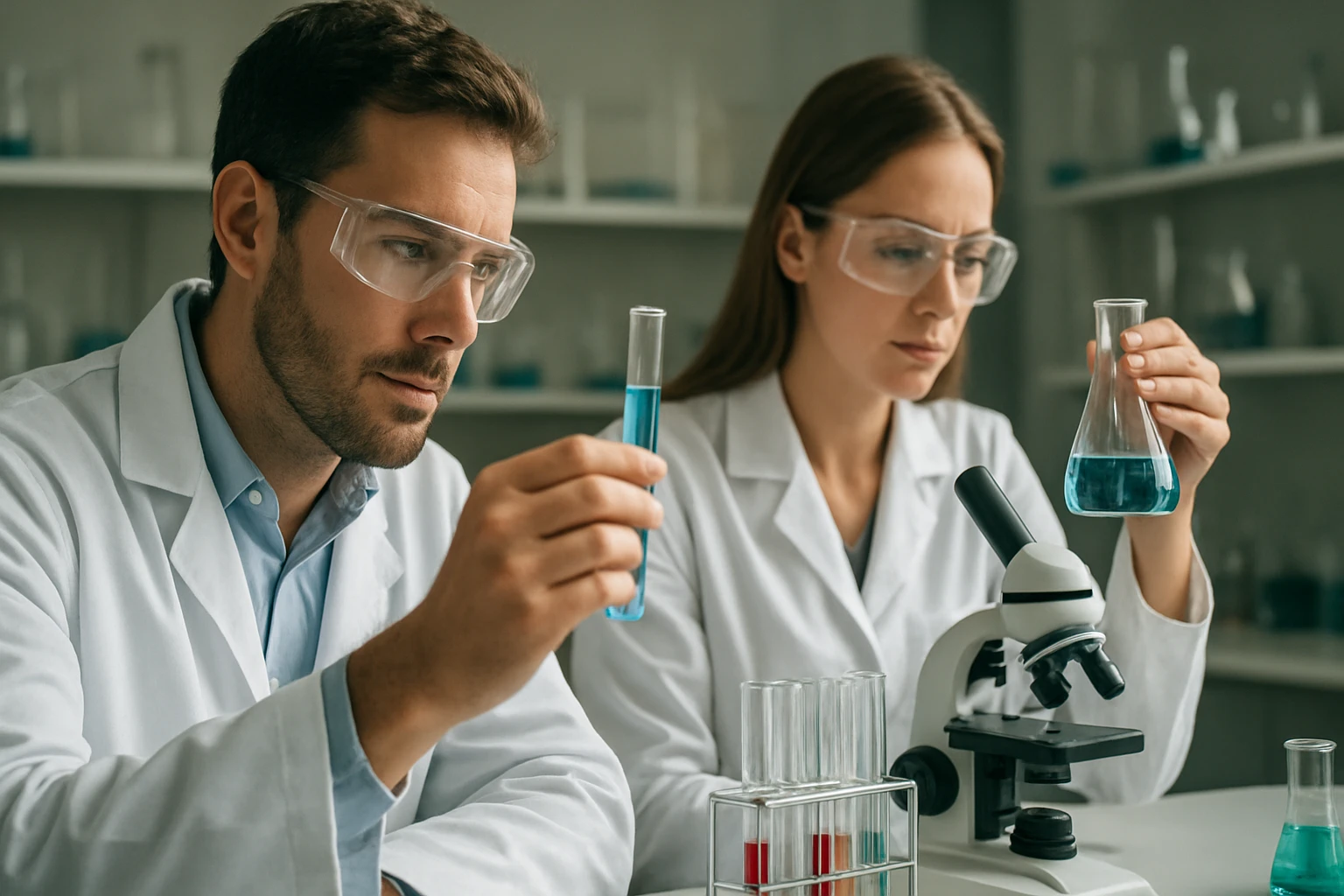 Két tudós laboratóriumban, foszfor kémiai jellemzőit tanulmányozva.