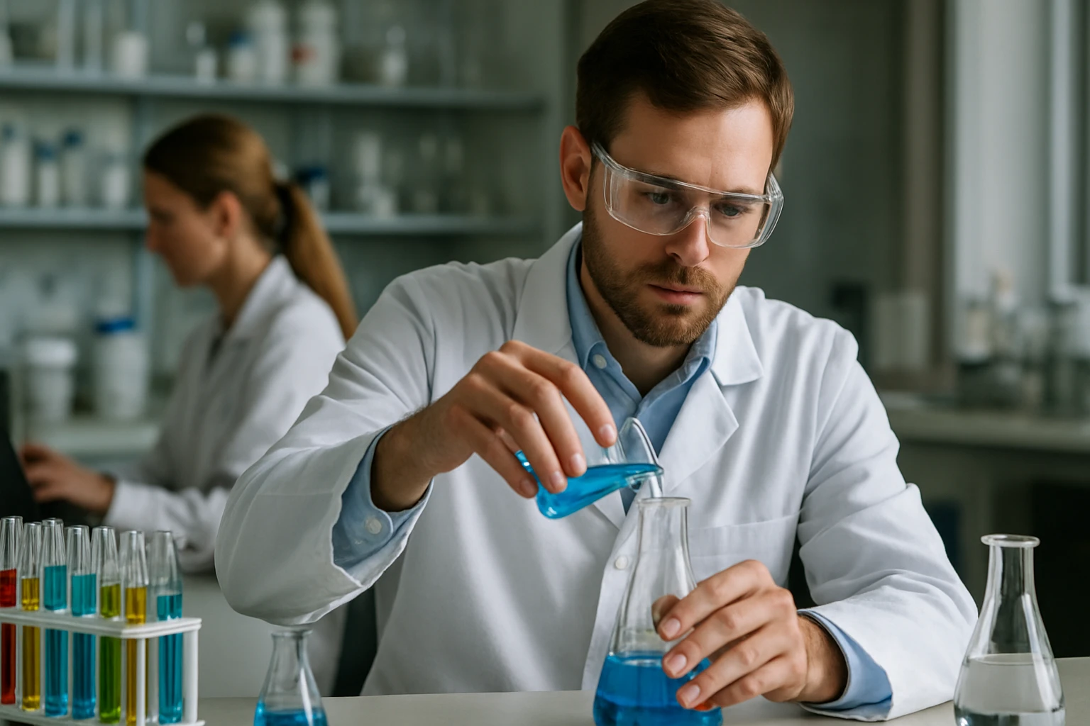 Kutató laboratóriumban dolgozó tudós, foszfor-pentaklorid kémiai reakciókban.