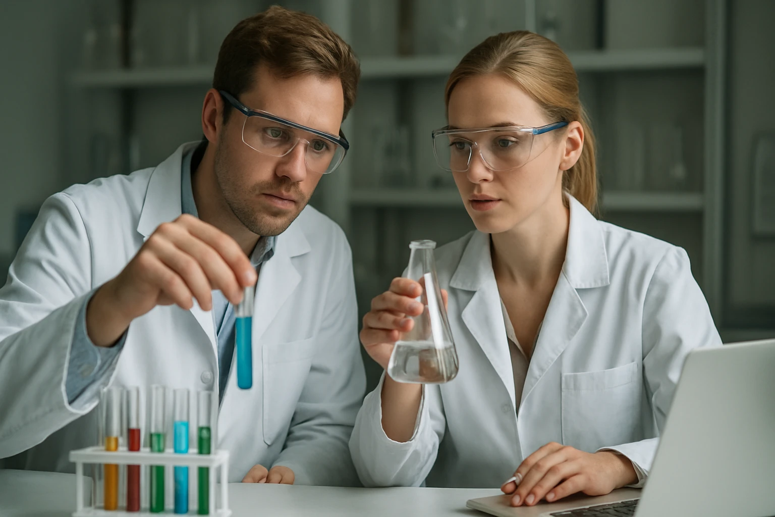 Két tudós laboratóriumban, foszforsavat vizsgálva.