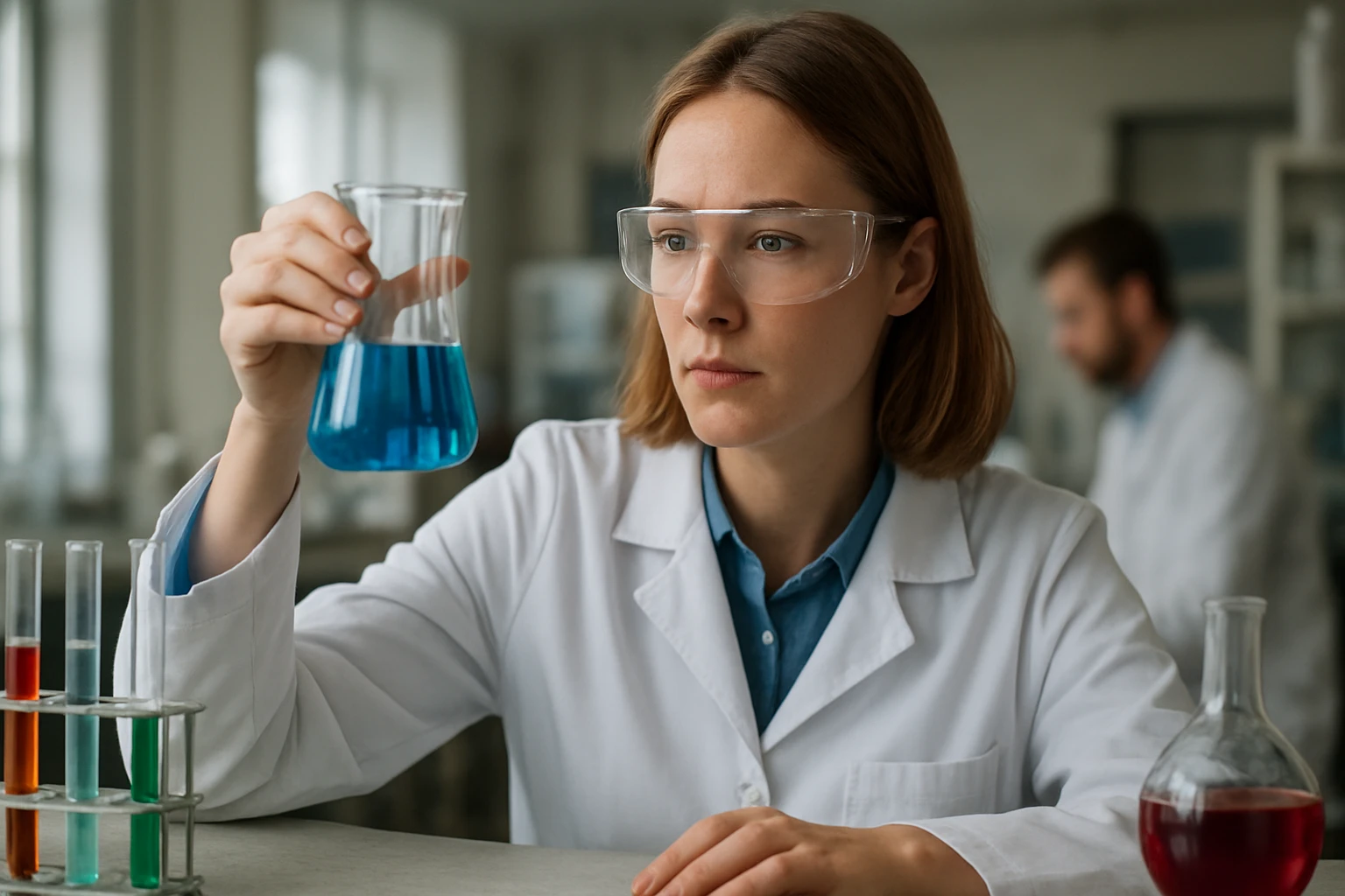 Kémikus laboratóriumban kék folyadékot vizsgálva