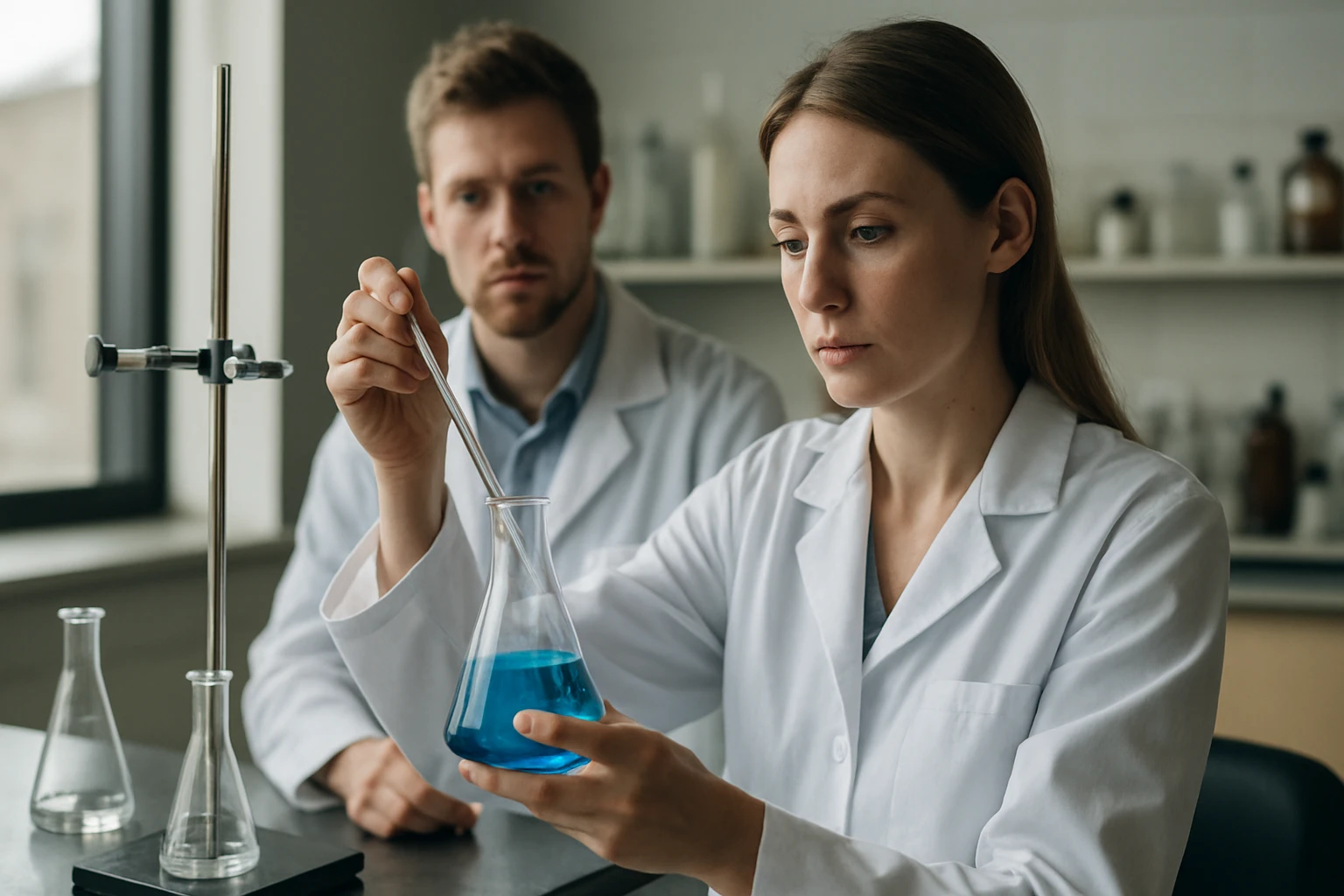 Két kutató laboratóriumban fotolízist tanulmányozva, kék folyadékkal.