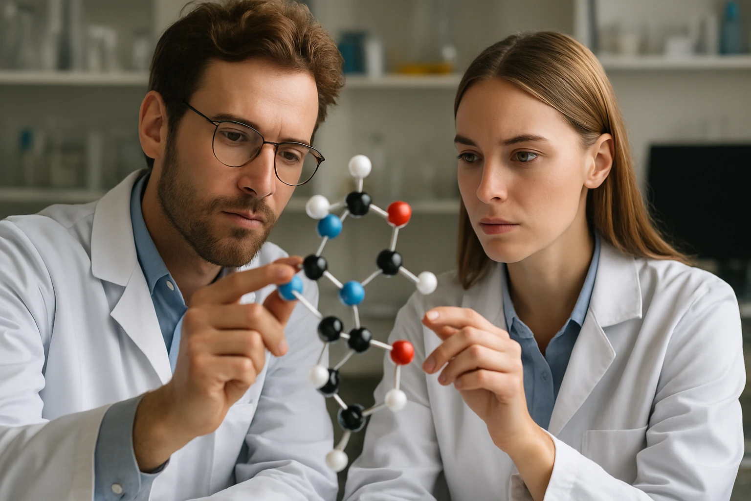 Két kutató frakcionált desztillációs molekula modelljét vizsgálja laboratóriumban