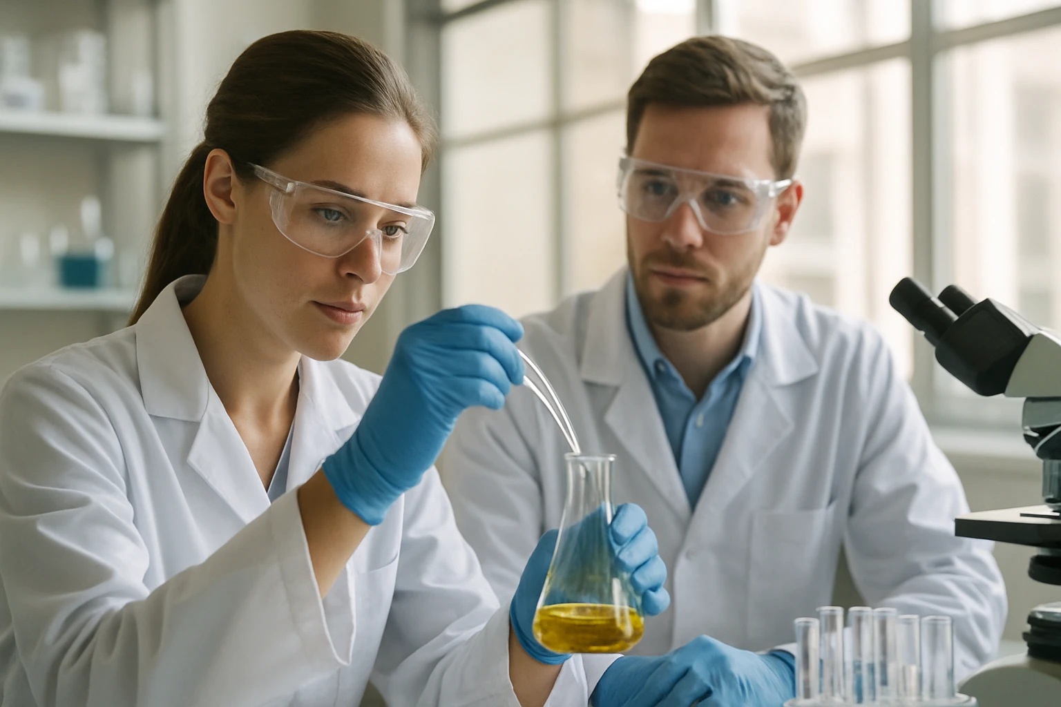 Két vegyész laboratóriumban, próbálkozva a Grignard-reagens használatával.