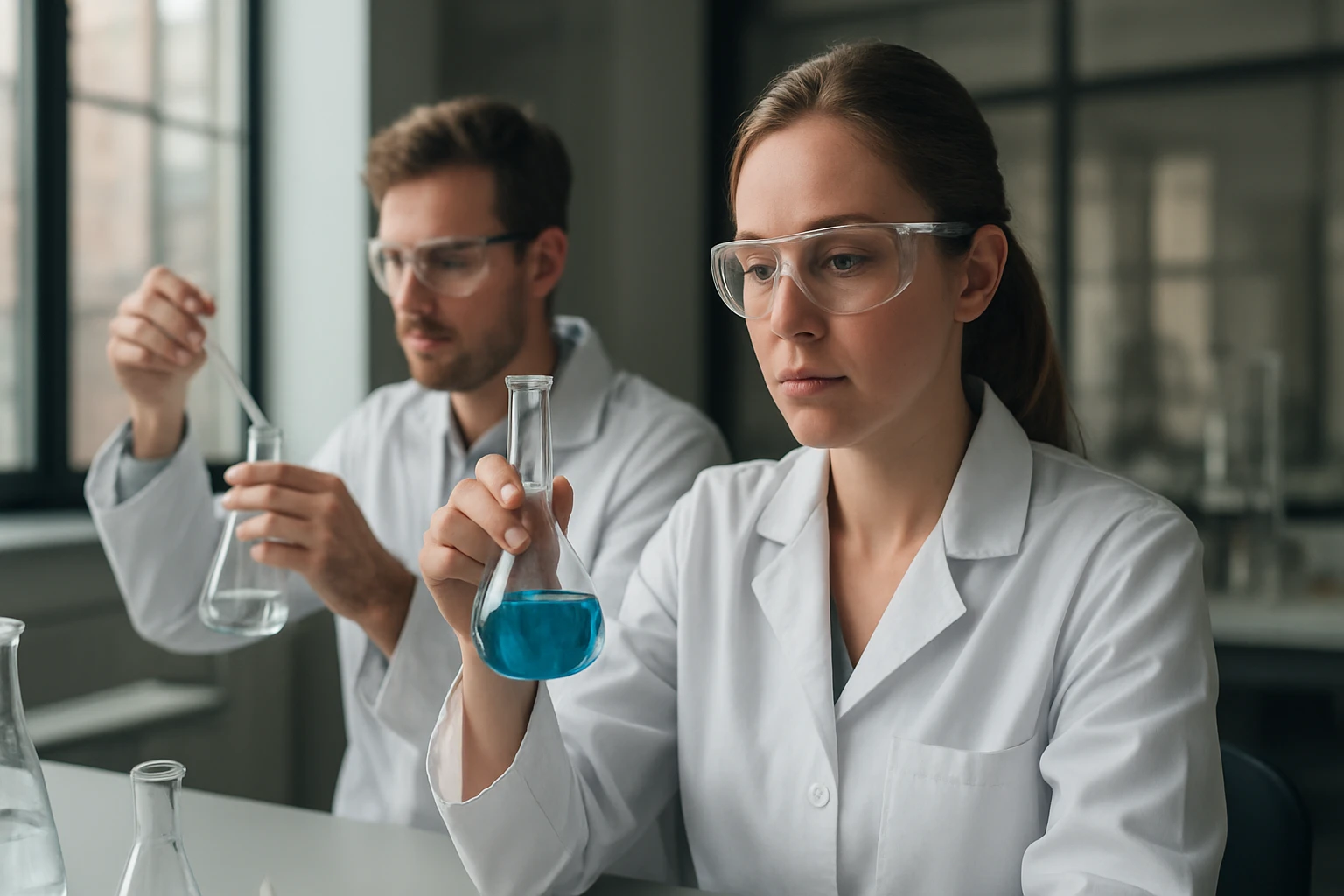 Kémiai kísérlet fiatal tudósokkal laboratóriumban