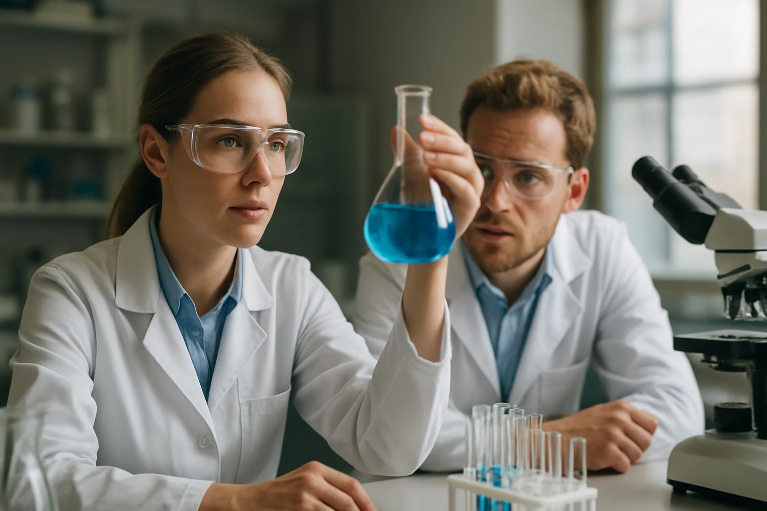 Kémiai kutatók laborban, óleum mintát vizsgálva