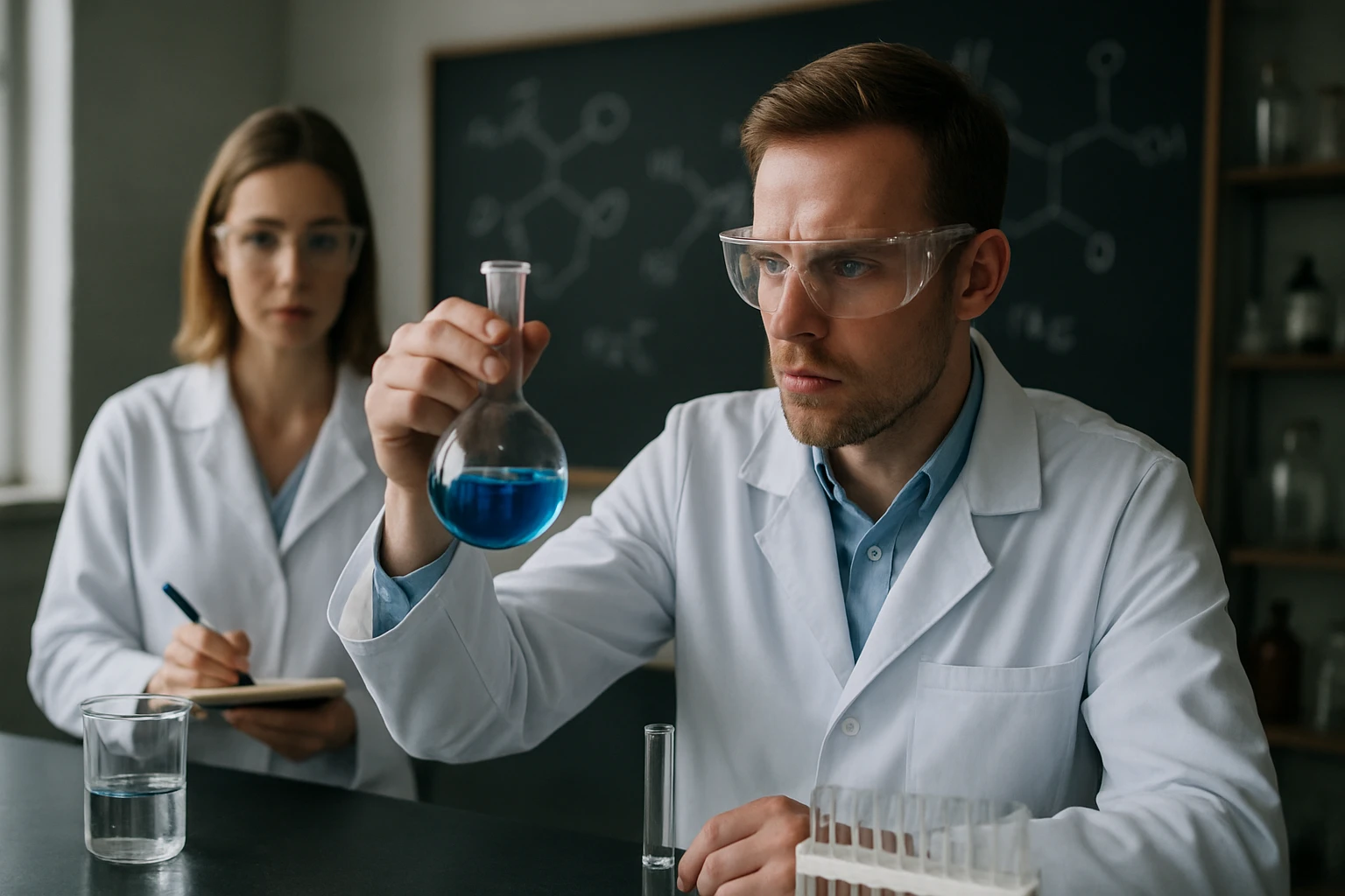 Kémikusok laboratóriumban kék folyadékkal töltött lombikban végzett kísérletet figyelnek.