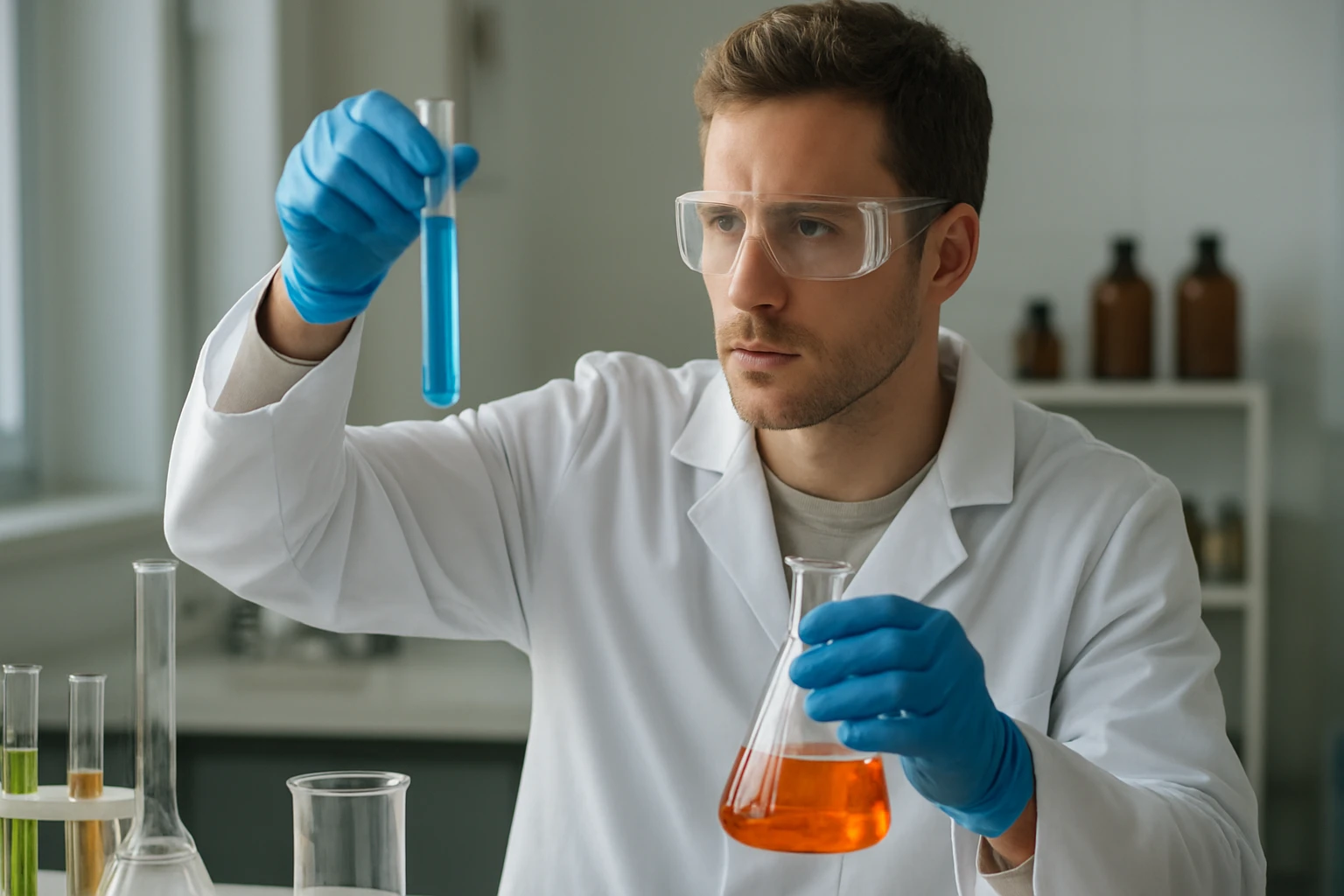 Laboratóriumi kísérlet közben fémek galvanizálásához használt anyagokkal