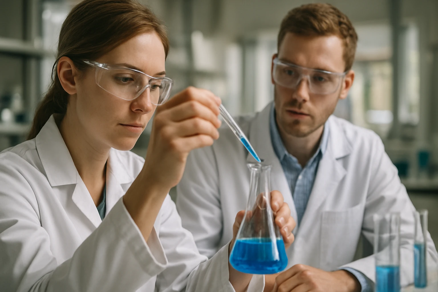 Két tudós laboratóriumi kísérletet végeznek, kémcső és kémiai anyagok használatával.