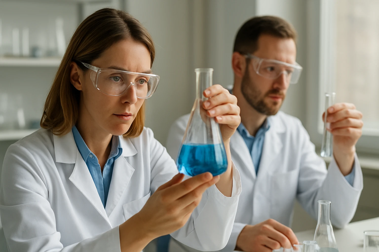 Két kutató laboratóriumban, kémiai kísérleteket végeznek