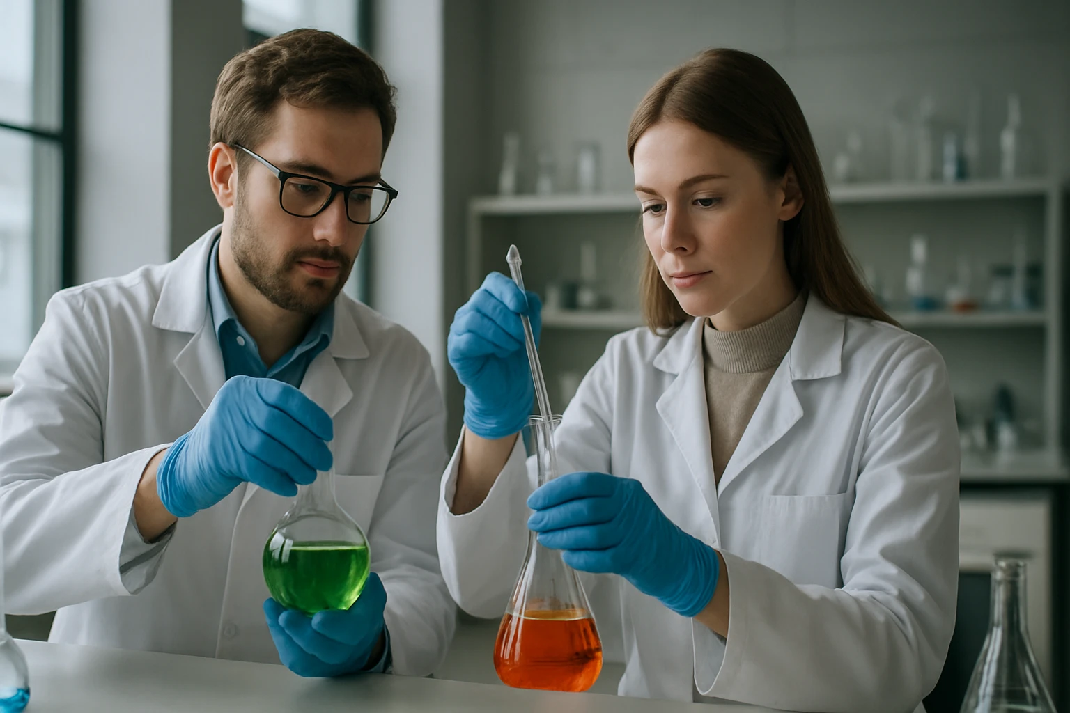 Laboratóriumi kísérlet gázkromatográfiával foglalkozó tudósokkal.