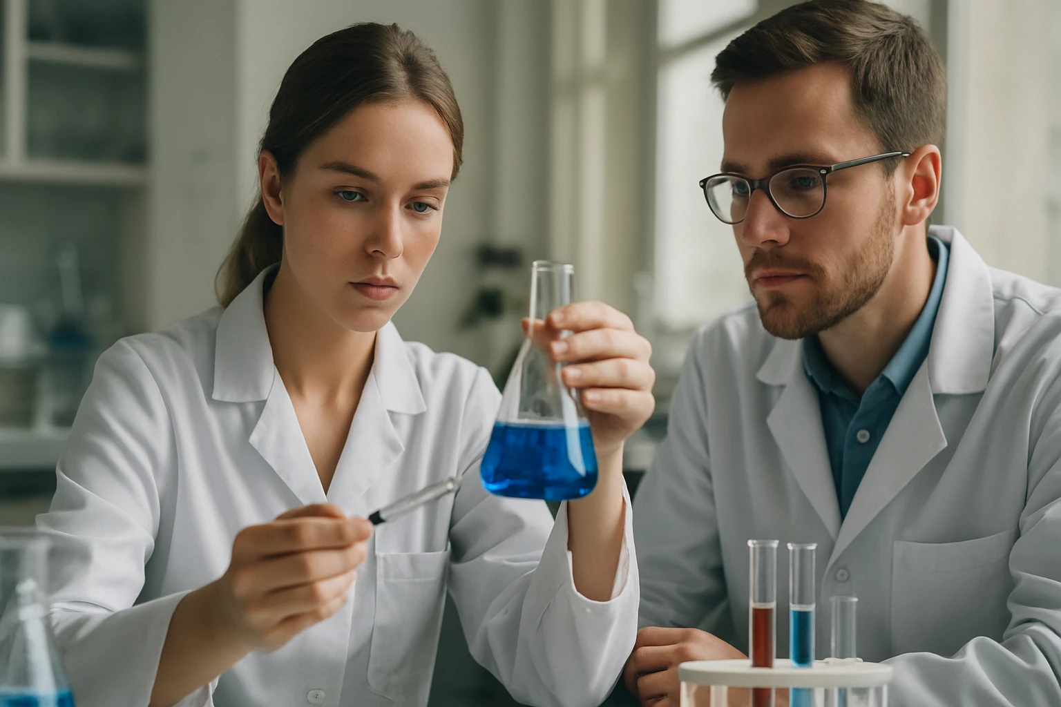 Kémikusok laboratóriumban gázolaj előállítási módszereit kutatják.