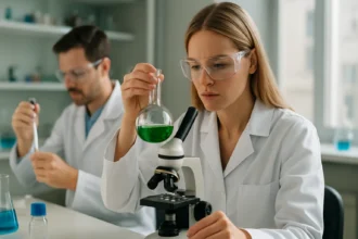 Kémiai kísérlet laboratóriumban geminalis dihalogenidekkel.