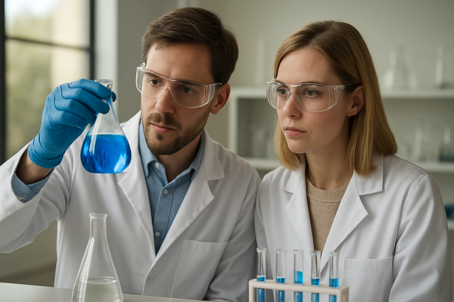 Két tudós laboratóriumban, akik kémiai kísérletet végeznek