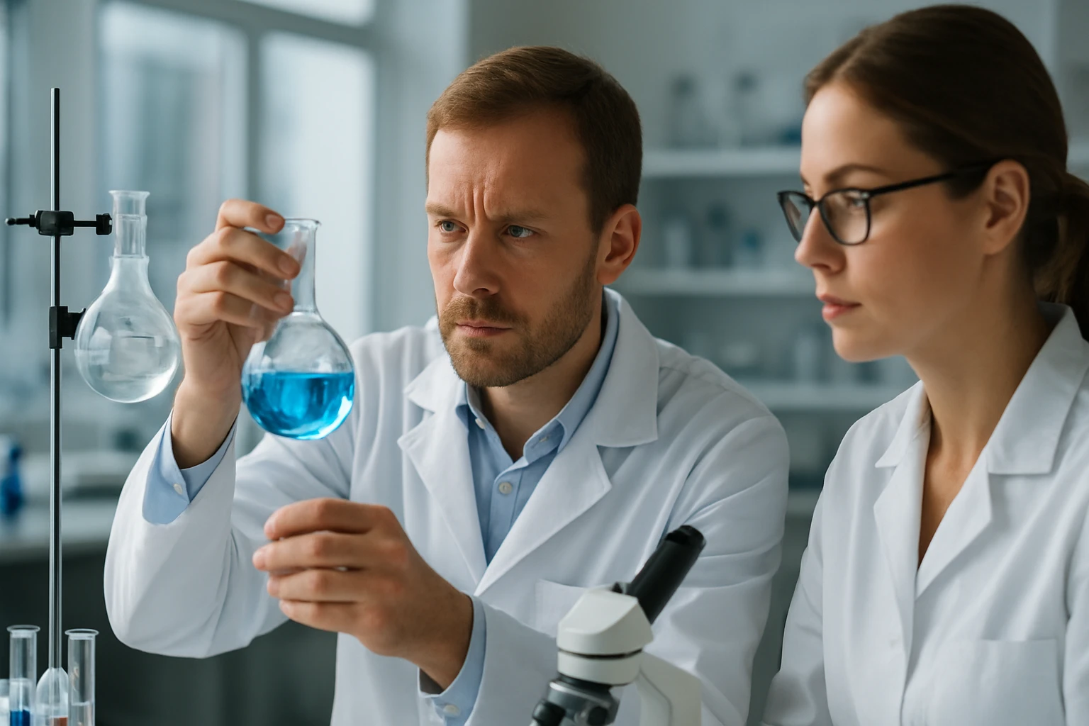 Kémikusok laboratóriumban, kobalt kémiai elem vizsgálata