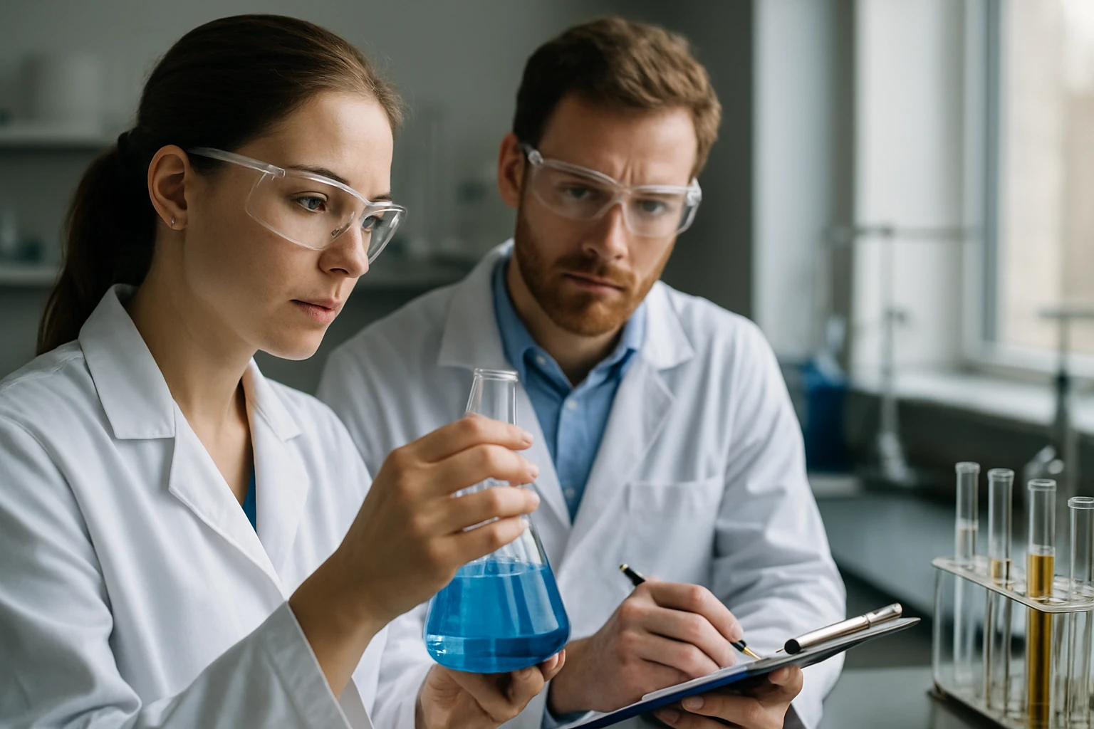 Kutatók laboratóriumi környezetben gibberellinsav vizsgálatát végzik.