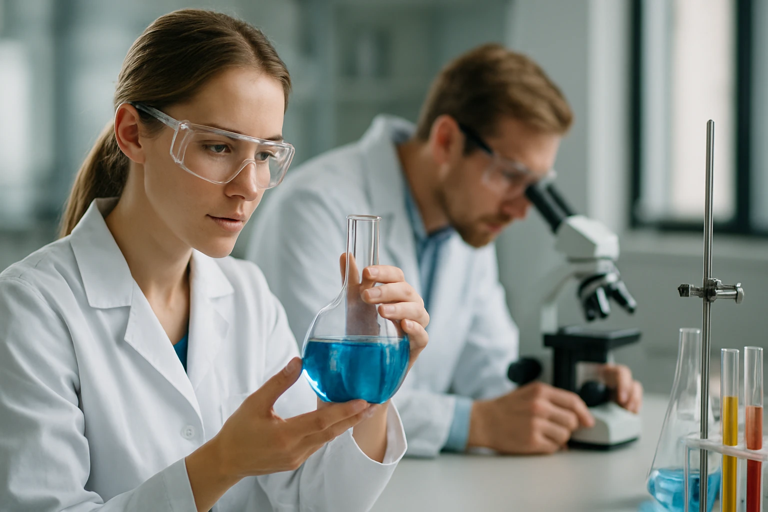 Laboratóriumi kutatás kék folyadékkal, tudós nő közelről