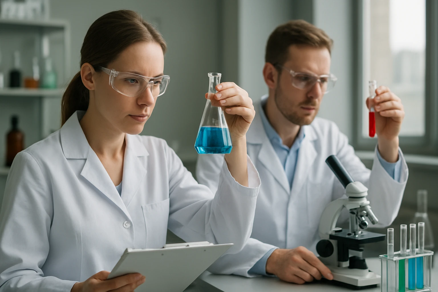 Laboratóriumi szakemberek glikokólsav kísérlet során, elemzés