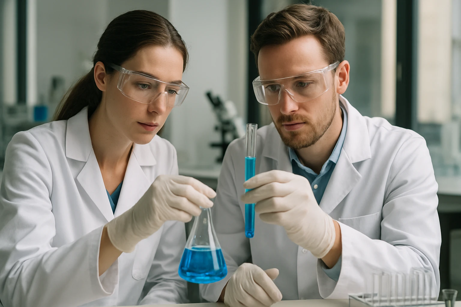 Két kutató laboratóriumban glikolaldehid kísérletet végez.