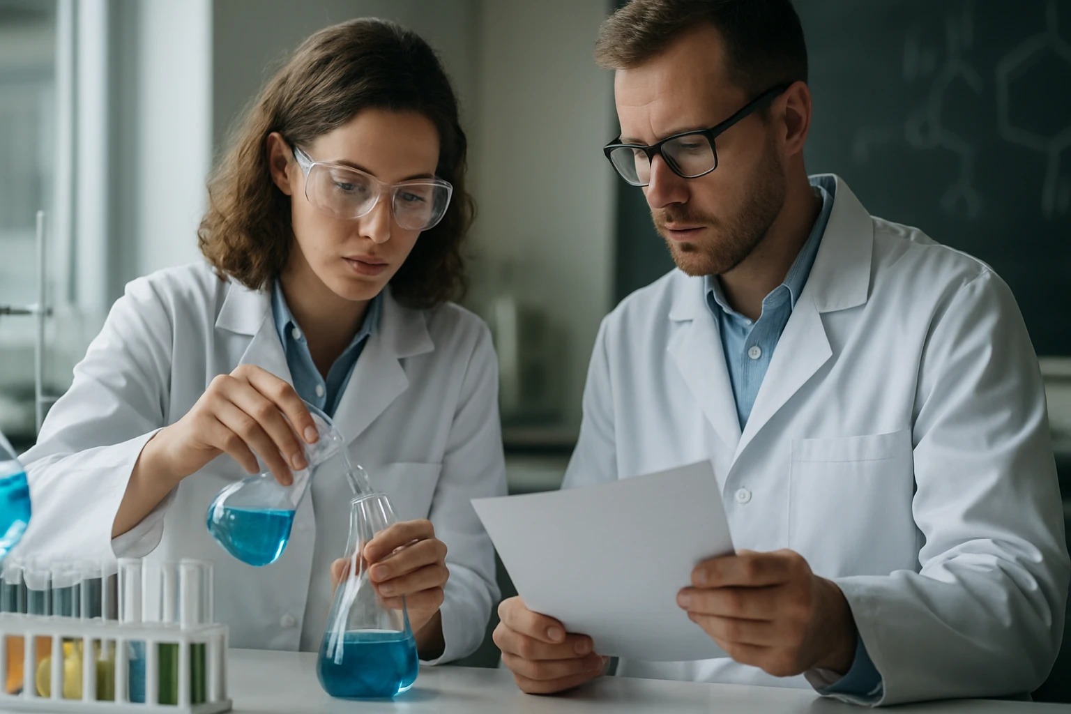 Kémikusok dolgoznak glikolátokkal laboratóriumi környezetben.