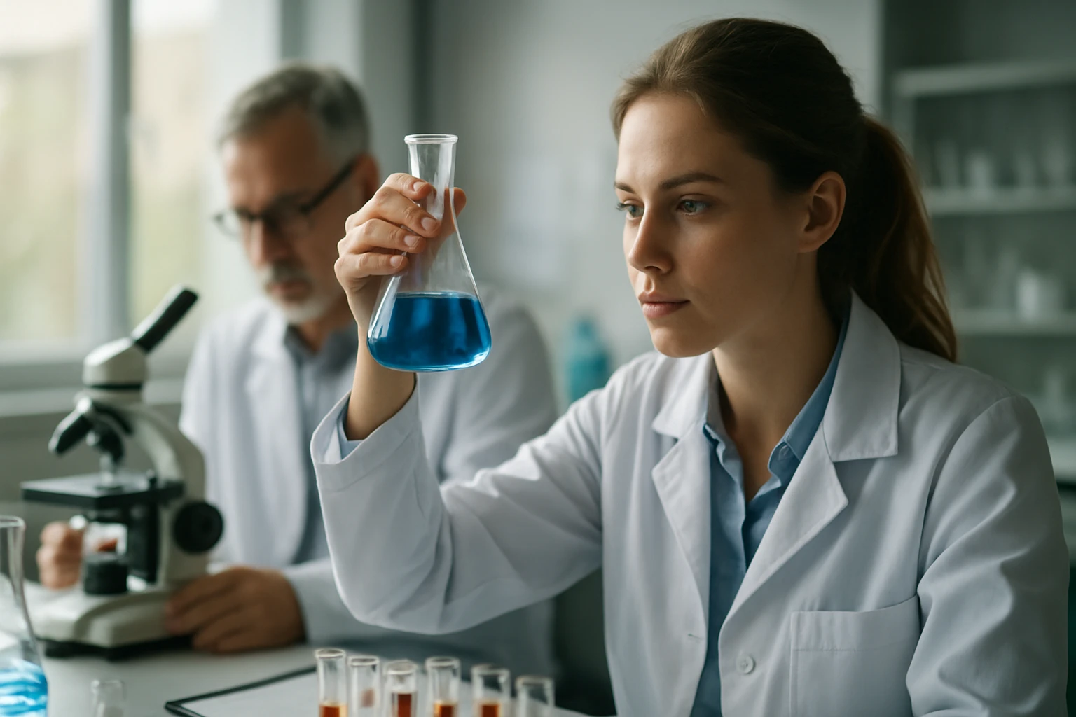 Laboratóriumban dolgozó kutatók glikolsavval végzett kémiai kísérlet során.
