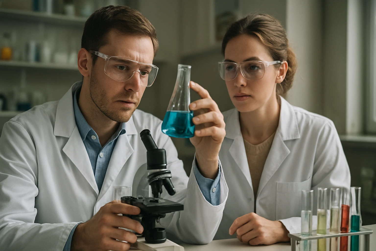 Kémikusok glioxallal végzett kísérletezése laboratóriumi környezetben.