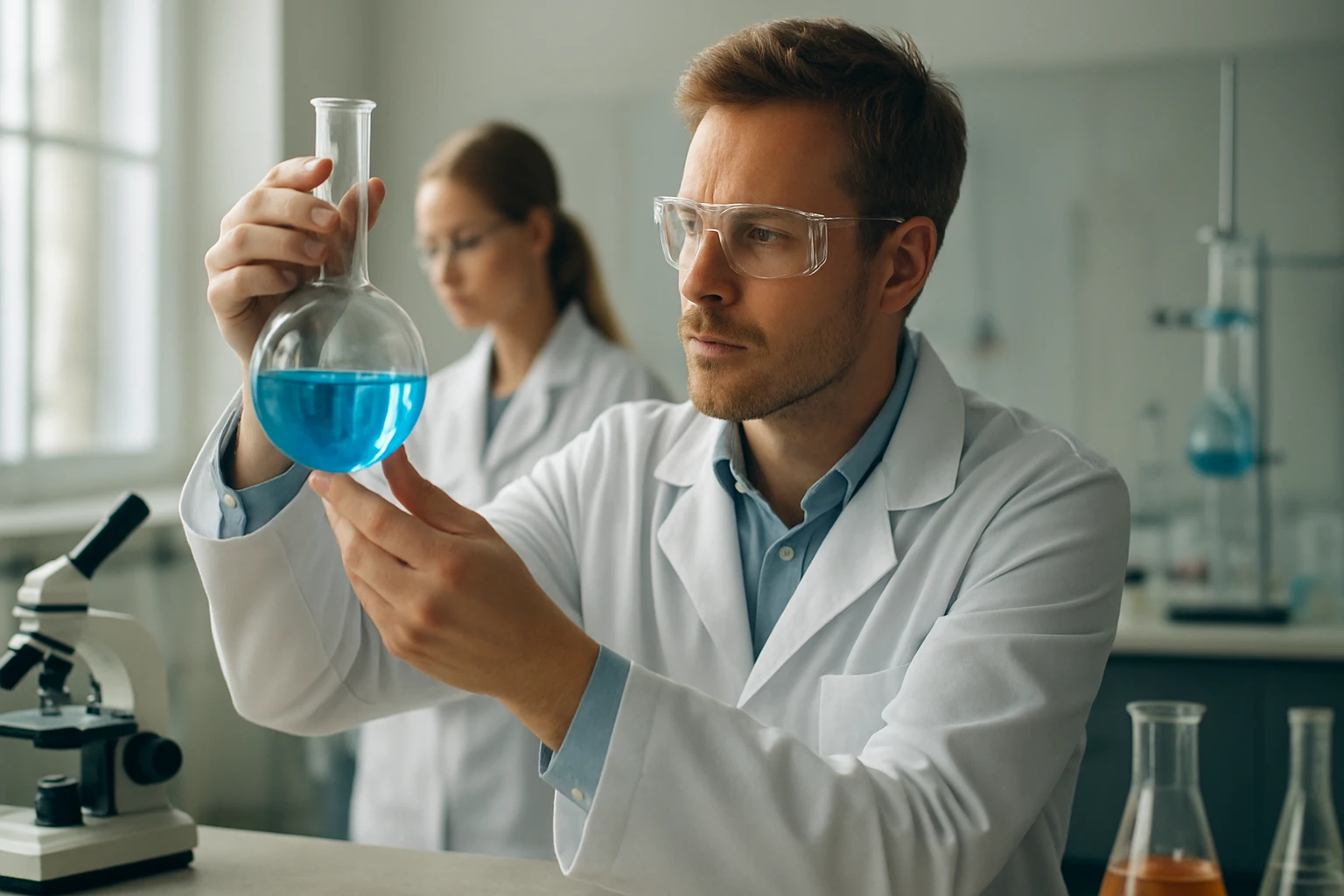 Laboratóriumi kísérlet kémikusokkal és kék oldattal