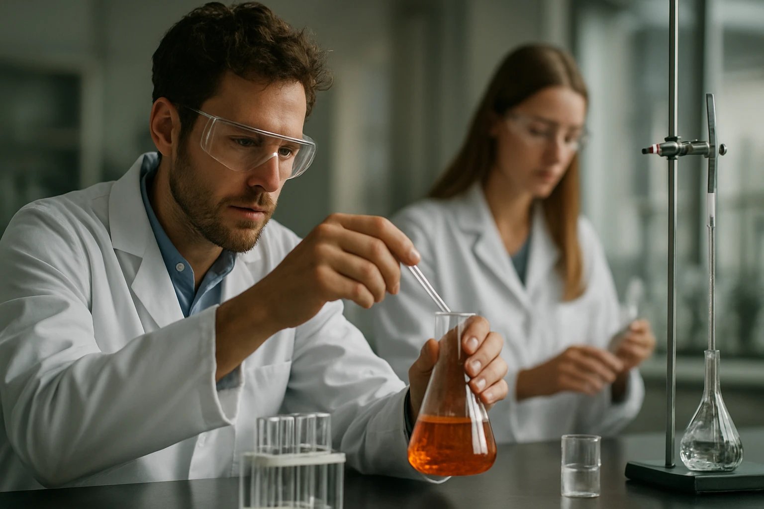 Két tudós egy laboratóriumban glükono-delta-laktonnal dolgozik.