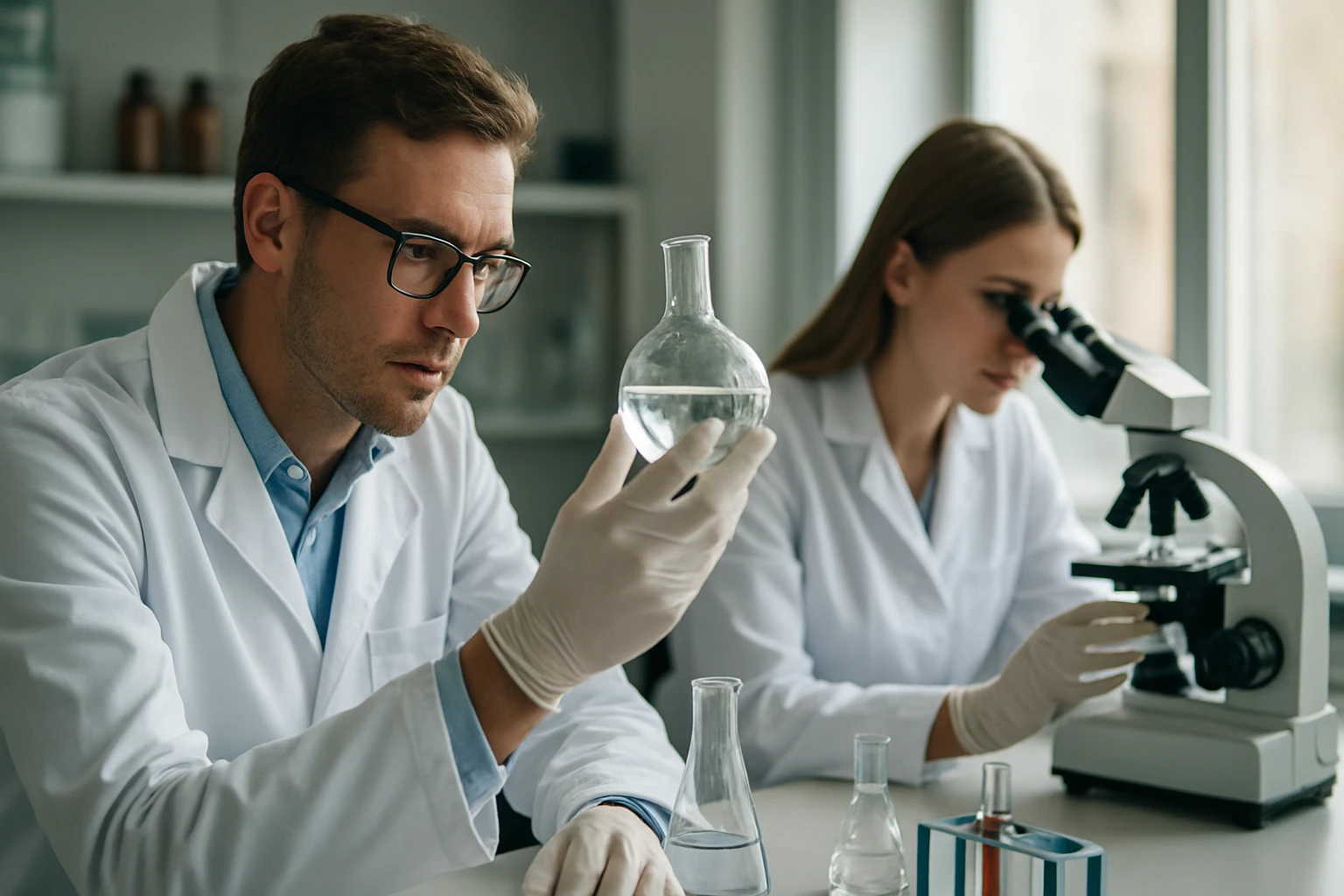 Két kutató laboratóriumban glükoronolaktonnal végzett kísérletezést mutat.