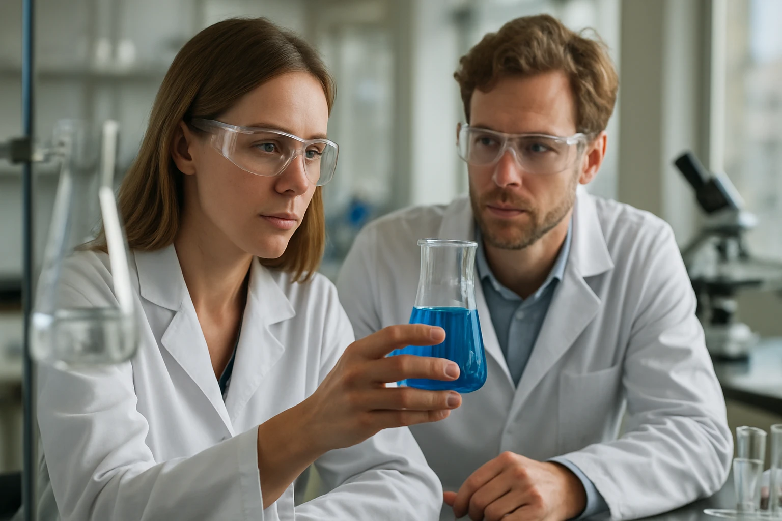 Két tudós laboratóriumban vizsgál egy kék oldatot.